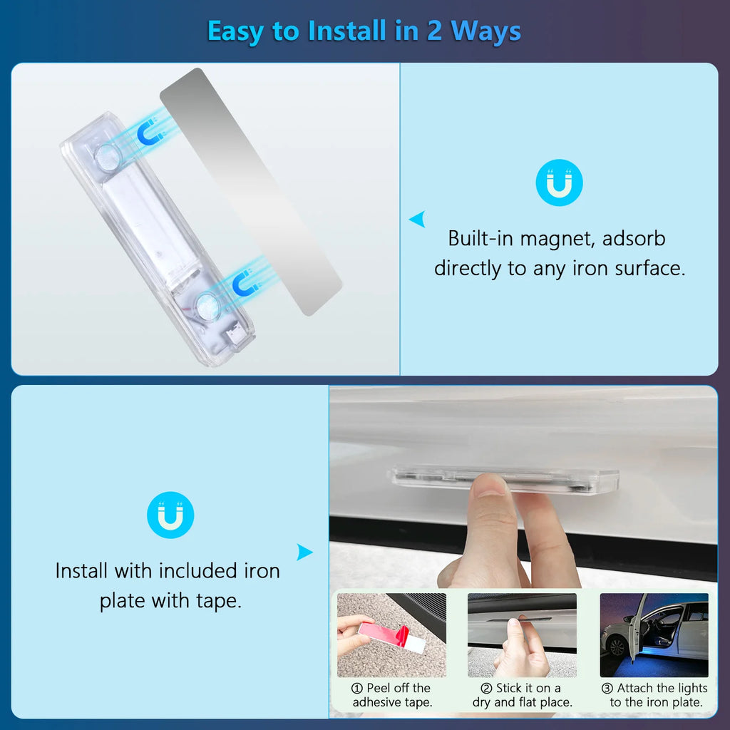 LED Car Welcome Door Lights Magnetic RGB Cars Atmosphere Warning Light Rechargeable Wireless Doors Step Courtesy Opening Lamps ATS Car Design