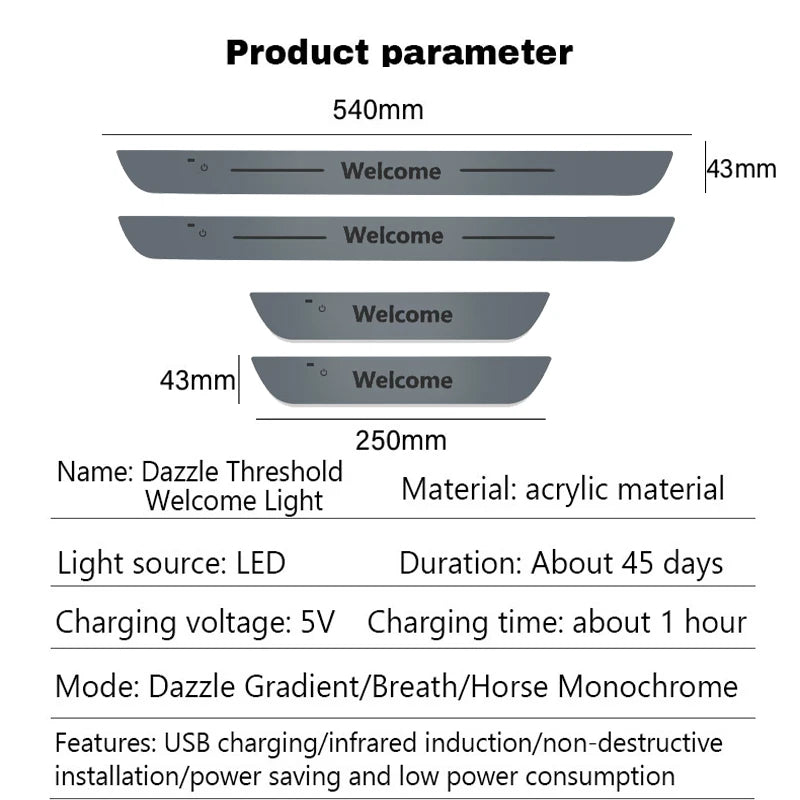 Car Welcome Door Sill Light Threshold Lamp Welcome Plate Pedal Light with Wireless LED Light Adjustable color changing mode ATS Car Design