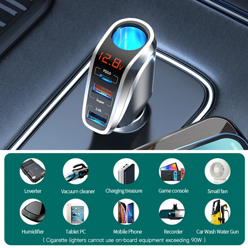 BLALION 180W USB Car Charger Super Fast Charging QC3.0 PD 66W Quick Charge Cigarette Lighter Socket For iPhone Xiaomi Samsung ATS Car Design