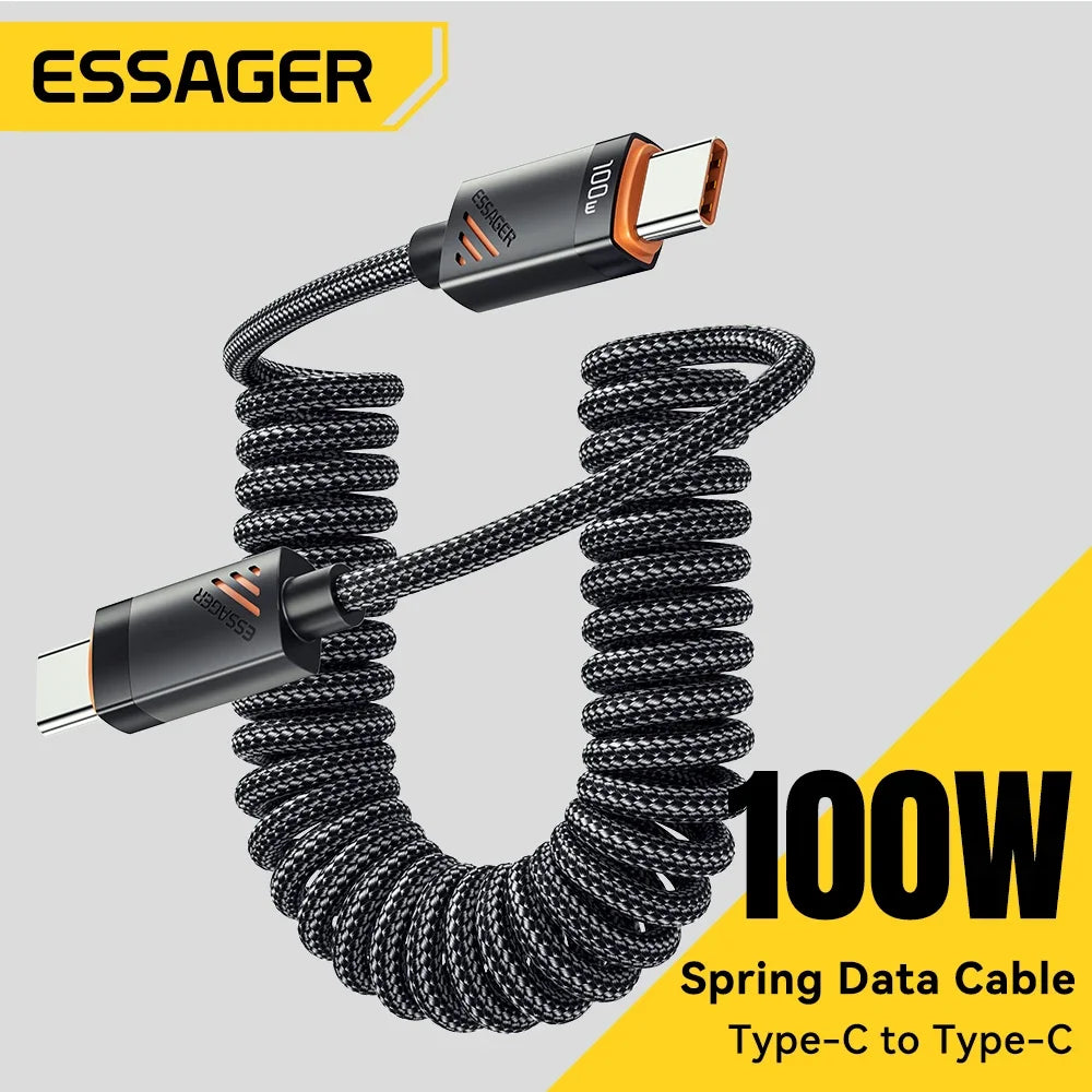 Essager Car Spring Type C Cable  For iPhone 16 15 Xiaomi Samsung 100W PD Fast Charging For Macbook iPad Type C to Type C Cable ATS Car Design