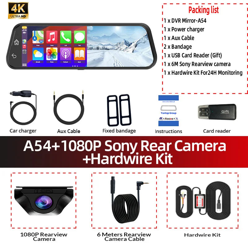 Acceo 4K Mirror Dash Cam Wireless CarPlay Android Auto Optional 1080P Rearview Camera 24H Parking Mode Loop Recording Car Camera ATS Car Design