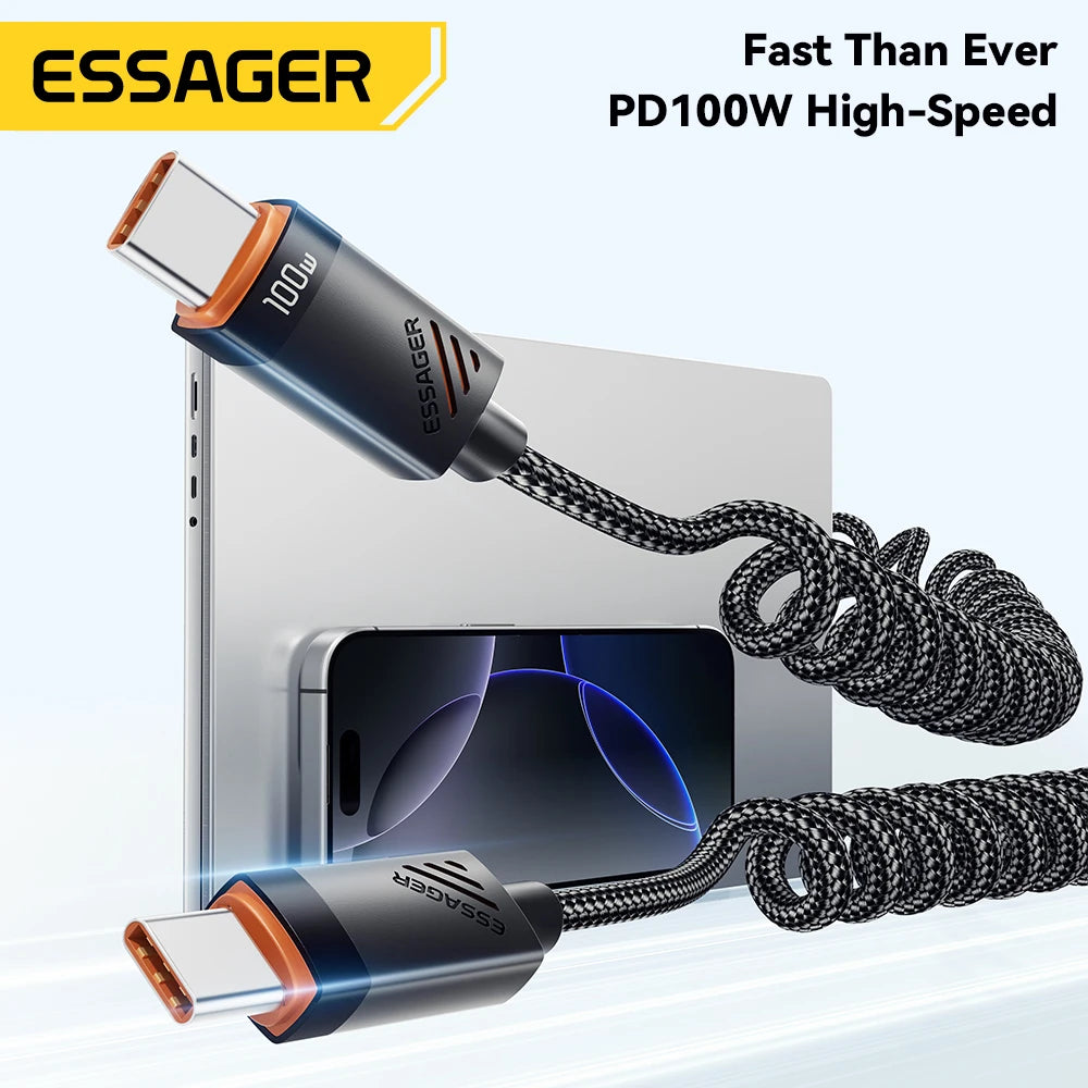 Essager Car Spring Type C Cable  For iPhone 16 15 Xiaomi Samsung 100W PD Fast Charging For Macbook iPad Type C to Type C Cable ATS Car Design