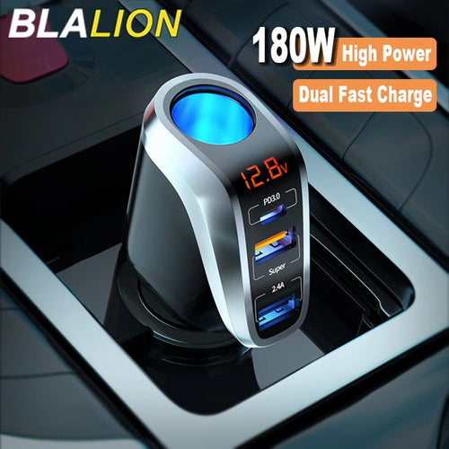 BLALION 180W USB Car Charger Super Fast Charging QC3.0 PD 66W Quick Charge Cigarette Lighter Socket For iPhone Xiaomi Samsung ATS Car Design