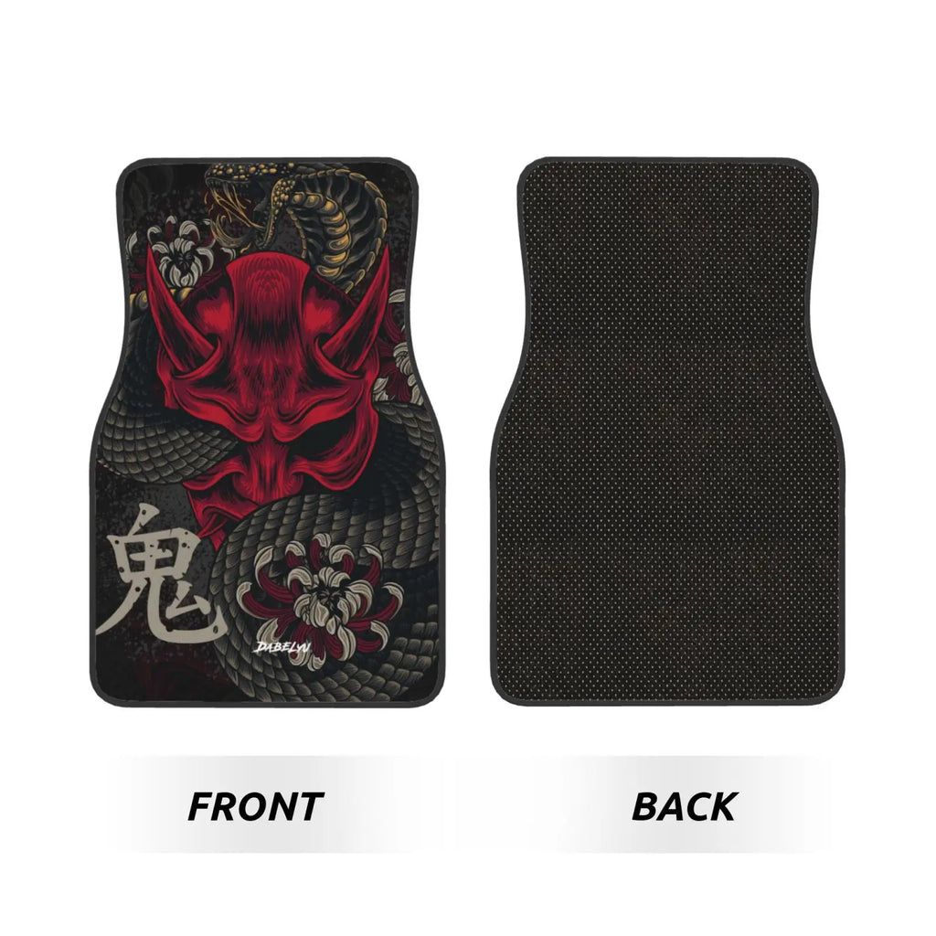 JAPANESE ART ONI MASK Snake Car Floor Mat 4-piece Set Suitable for All Car Floor Mat Accessories Crystal Velvet Floor Mats ATS Car Design