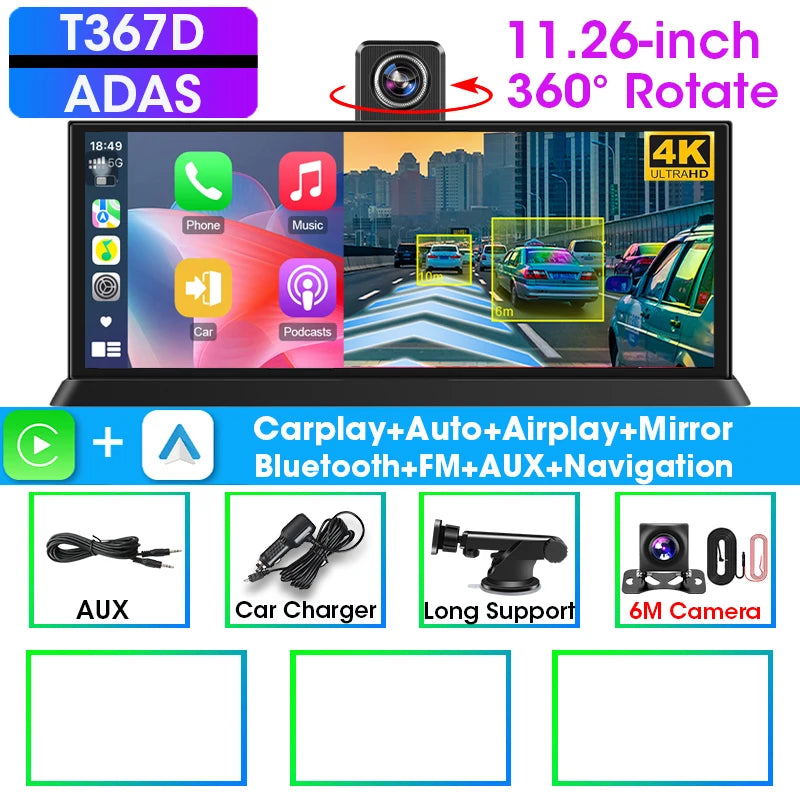 10/11.26" 4K ADAS Dash Cam 360° Rotate Front Len Car DVR Wireless Carplay Android Auto Adas GPS Navigation 1080P Dual Recording ATS Car Design