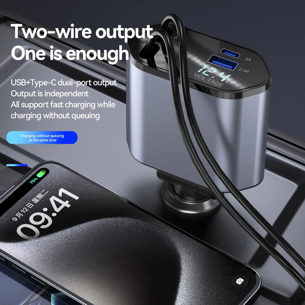 Retractable Car Charger 4 in 1 Fast Charging Car Charger 120W Dual Type-C Retractable Cable and 2 USB Ports Car Charger Adapter ATS Car Design