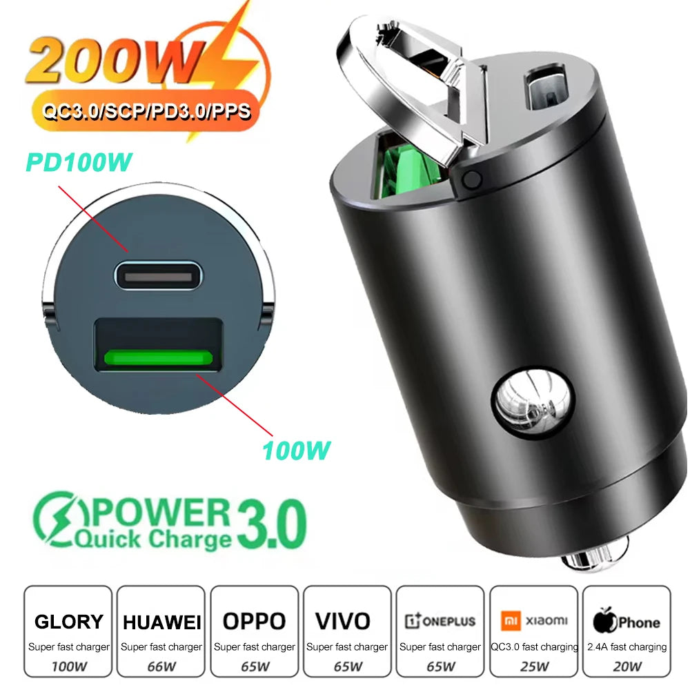 100W/200W QC3.0 PD Mini Car Charger 12-24V Lighter Fast Charging Car USB Type C Charger for Xiaomi Samsung Huawei iPhone Power ATS Car Design