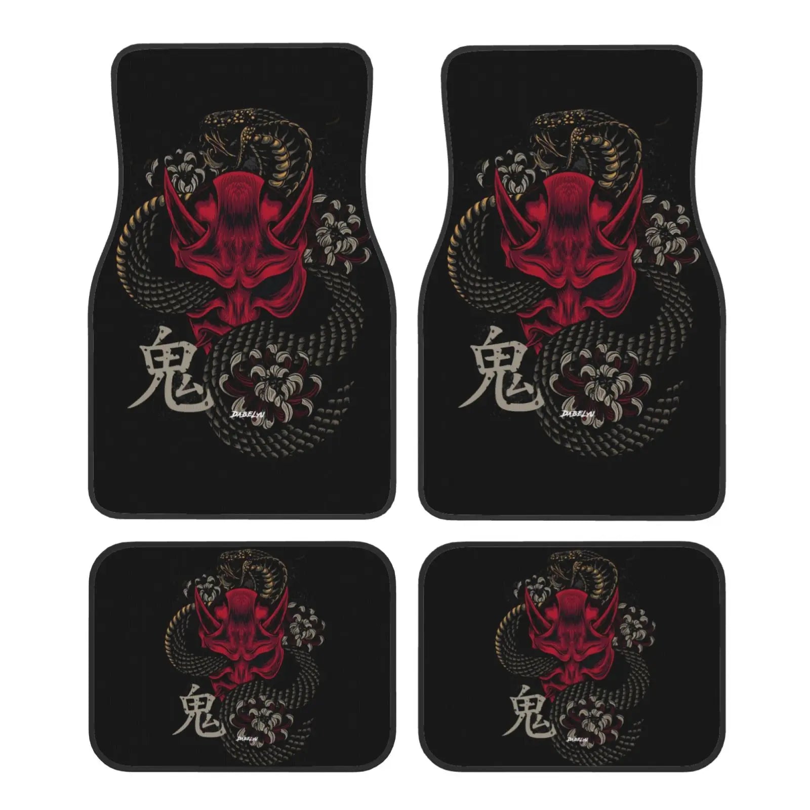JAPANESE ART ONI MASK Snake Car Floor Mat 4-piece Set Suitable for All Car Floor Mat Accessories Crystal Velvet Floor Mats ATS Car Design