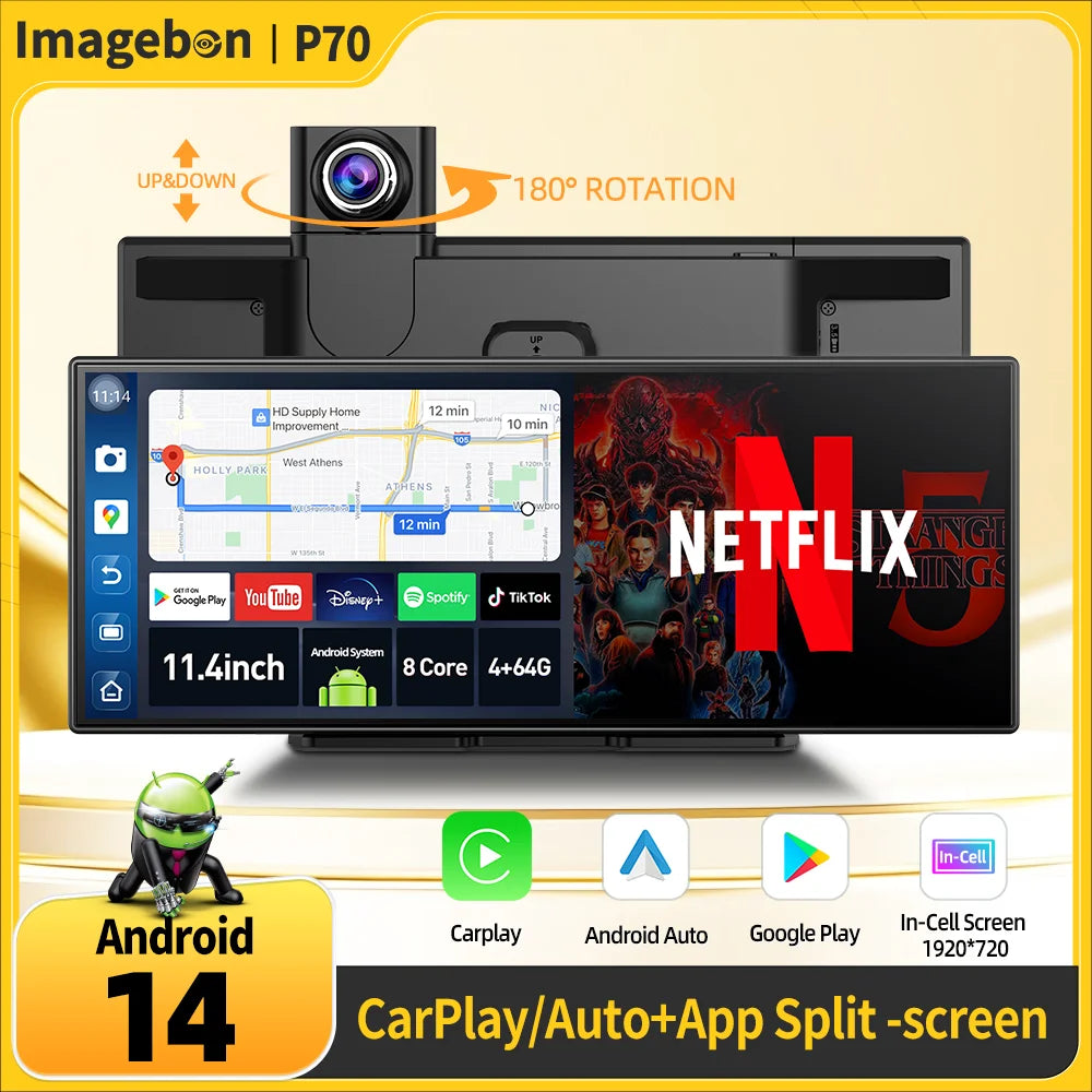 Imagebon P70 11.4" Android 14 8Core DVR Triple-view Camera Carplay/App:App Split Screen Recorder Youtube Spotify AI Dash Cam ATS Car Design