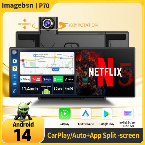 Imagebon P70 11.4" Android 14 8Core DVR Triple-view Camera Carplay/App:App Split Screen Recorder Youtube Spotify AI Dash Cam ATS Car Design