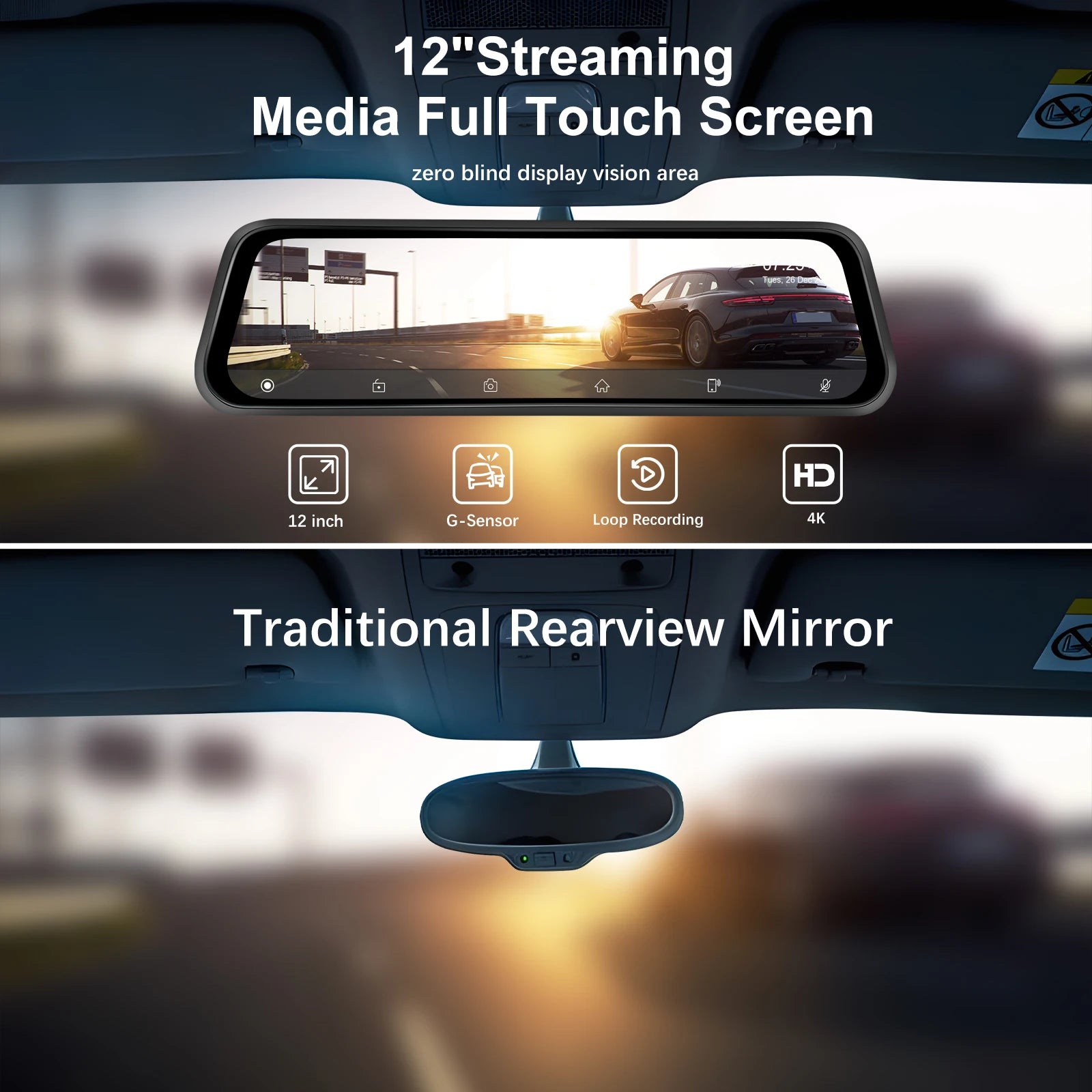 Podofo 12 ''Car Mirror Monitor 4K Ultra HD Recording Front Camera Car DVR Carplay Android Auto WIFI Voice Control Two-Way Video ATS Car Design