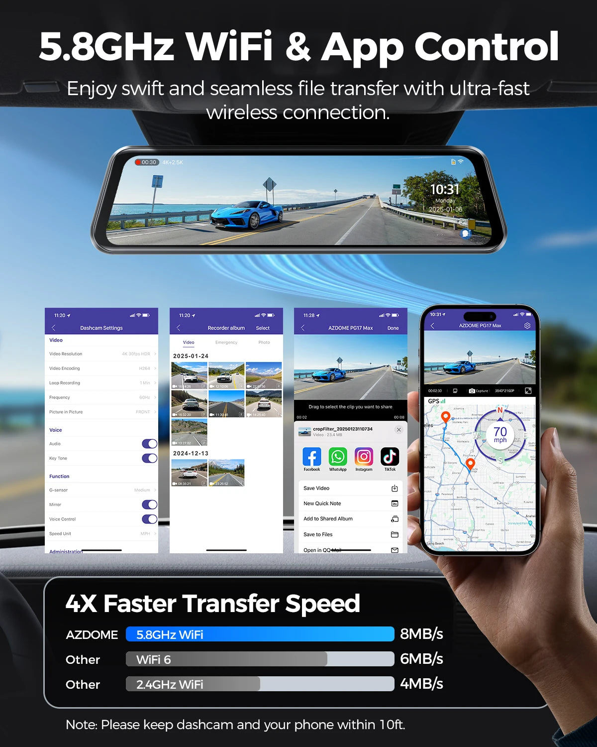 AZDOME PG17 Max 4K+2.5K Rearview Dash Cam 12'' Touch Screen Mirror Dash Cam with ADAS BSD LCA Car DVR Loop Recording 24H Parking ATS Car Design