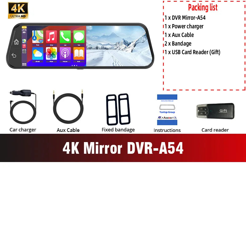 Acceo 4K Mirror Dash Cam Wireless CarPlay Android Auto Optional 1080P Rearview Camera 24H Parking Mode Loop Recording Car Camera ATS Car Design