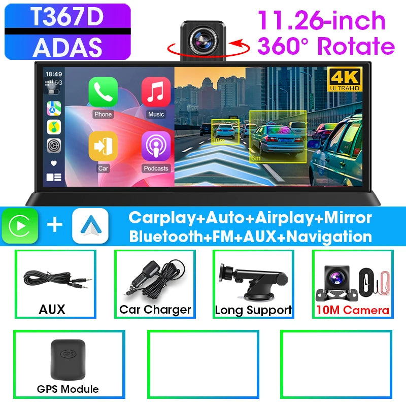 10/11.26" 4K ADAS Dash Cam 360° Rotate Front Len Car DVR Wireless Carplay Android Auto Adas GPS Navigation 1080P Dual Recording ATS Car Design
