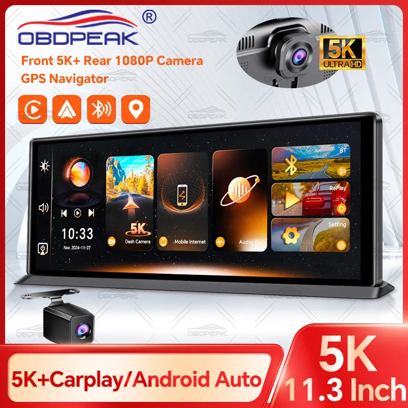 OBDPEAK K8 Pro Front 5K Rear 1080P Dash Cam Camera 11.3" Touch Ai Screen Carplay & Android Auto GPS Navigation Night Vision DVR ATS Car Design