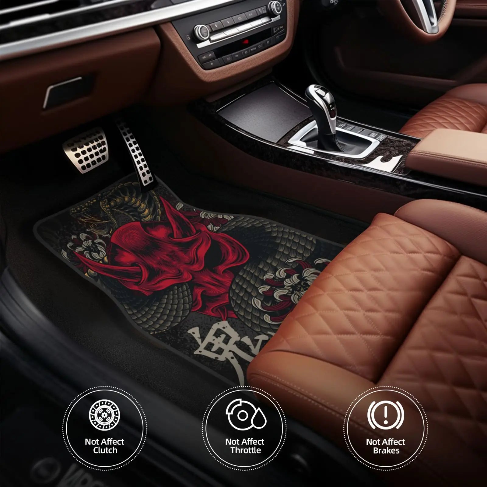JAPANESE ART ONI MASK Snake Car Floor Mat 4-piece Set Suitable for All Car Floor Mat Accessories Crystal Velvet Floor Mats ATS Car Design