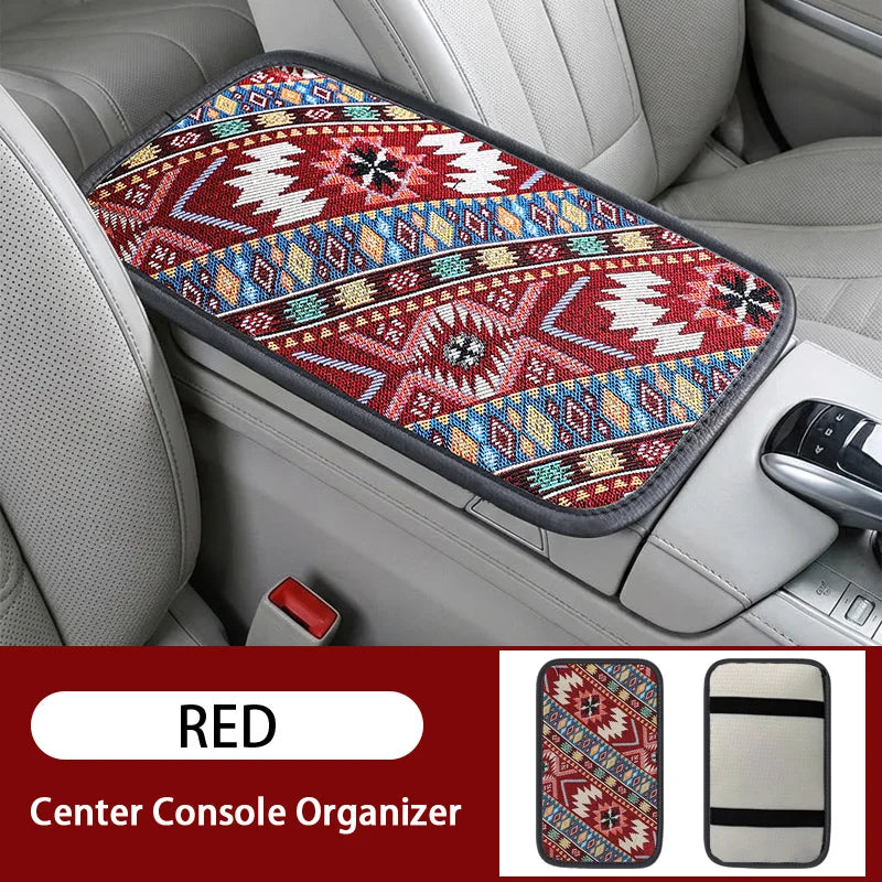 1PC Double pocket ethnic style patterned car center console armrest pad, breathable and non slip, car interior accessories ATS Car Design