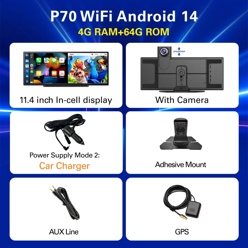 Imagebon P70 11.4" Android 14 8Core DVR Triple-view Camera Carplay/App:App Split Screen Recorder Youtube Spotify AI Dash Cam ATS Car Design
