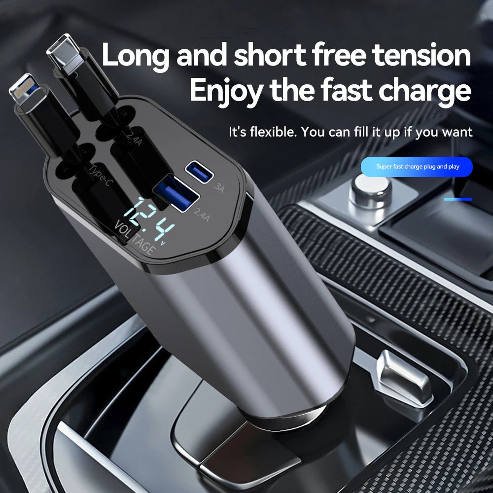 Retractable Car Charger 4 in 1 Fast Charging Car Charger 120W Dual Type-C Retractable Cable and 2 USB Ports Car Charger Adapter ATS Car Design