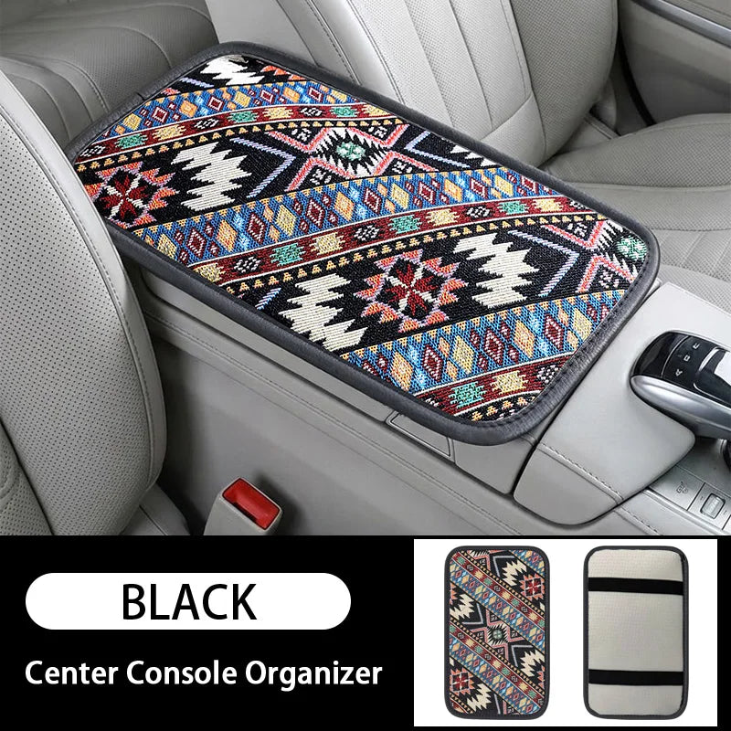 1PC Double pocket ethnic style patterned car center console armrest pad, breathable and non slip, car interior accessories ATS Car Design