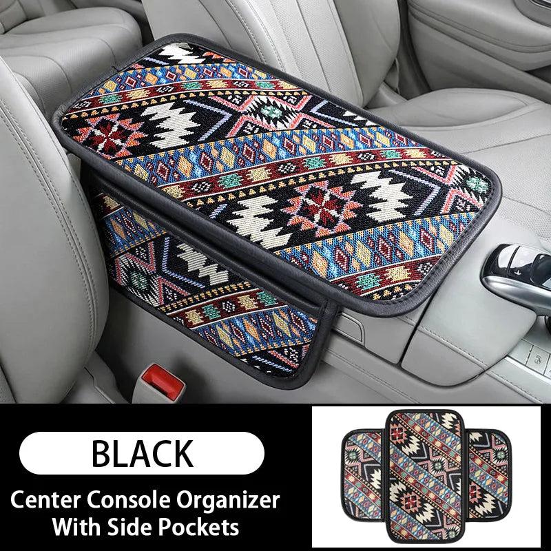 1PC Double pocket ethnic style patterned car center console armrest pad, breathable and non slip, car interior accessories ATS Car Design