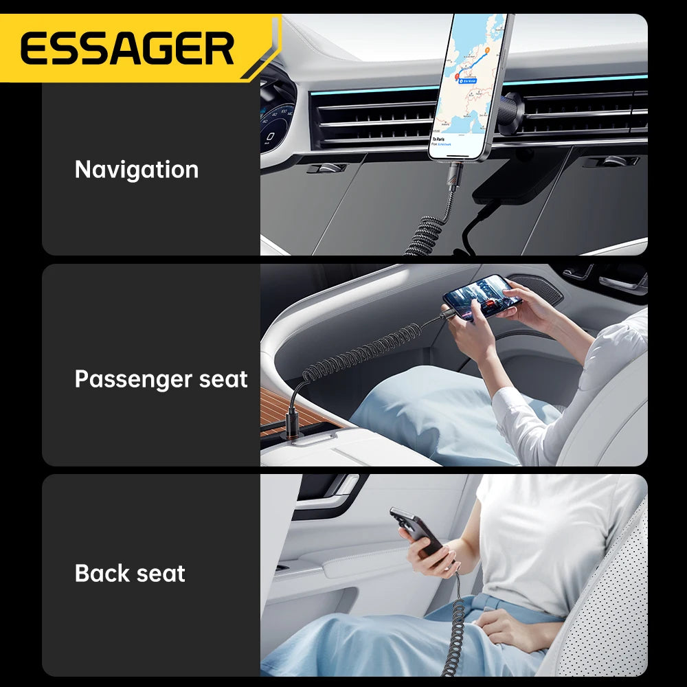 Essager Car Spring Type C Cable  For iPhone 16 15 Xiaomi Samsung 100W PD Fast Charging For Macbook iPad Type C to Type C Cable ATS Car Design