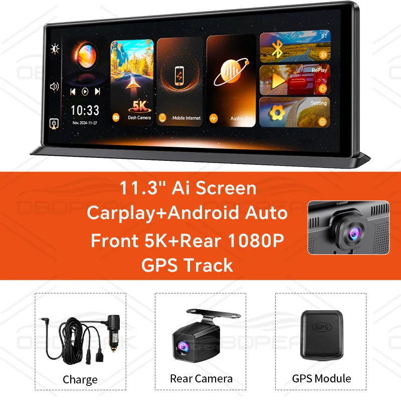OBDPEAK K8 Pro Front 5K Rear 1080P Dash Cam Camera 11.3" Touch Ai Screen Carplay & Android Auto GPS Navigation Night Vision DVR ATS Car Design
