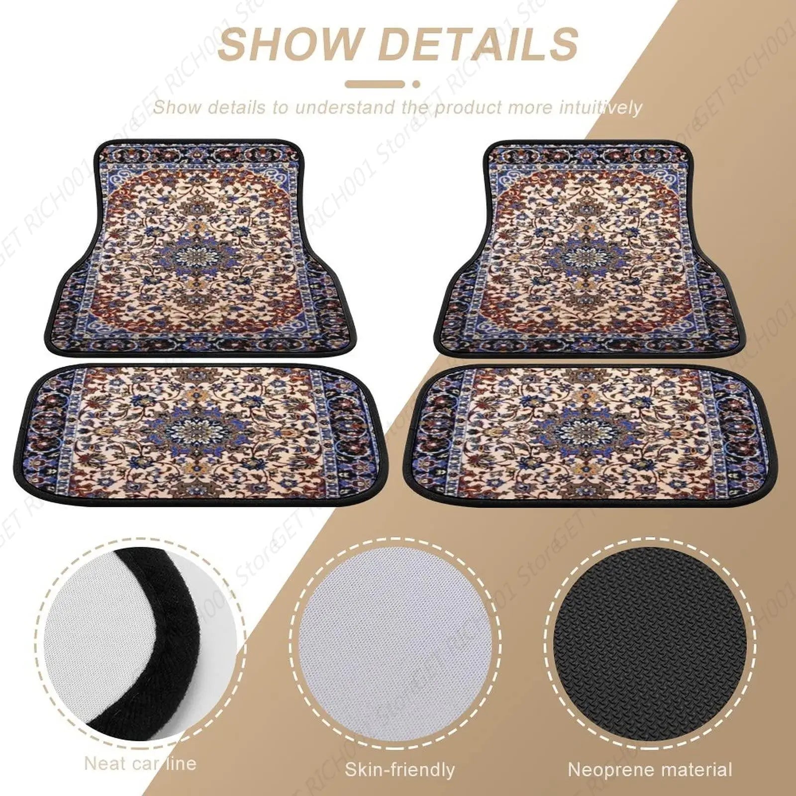 Antique Persian Pattern, Blue Oriental Carpet 4 Pieces Car Floor Mats Car Carpets Full Sets Universal Fit for SUV, Vans Trucks ATS Car Design