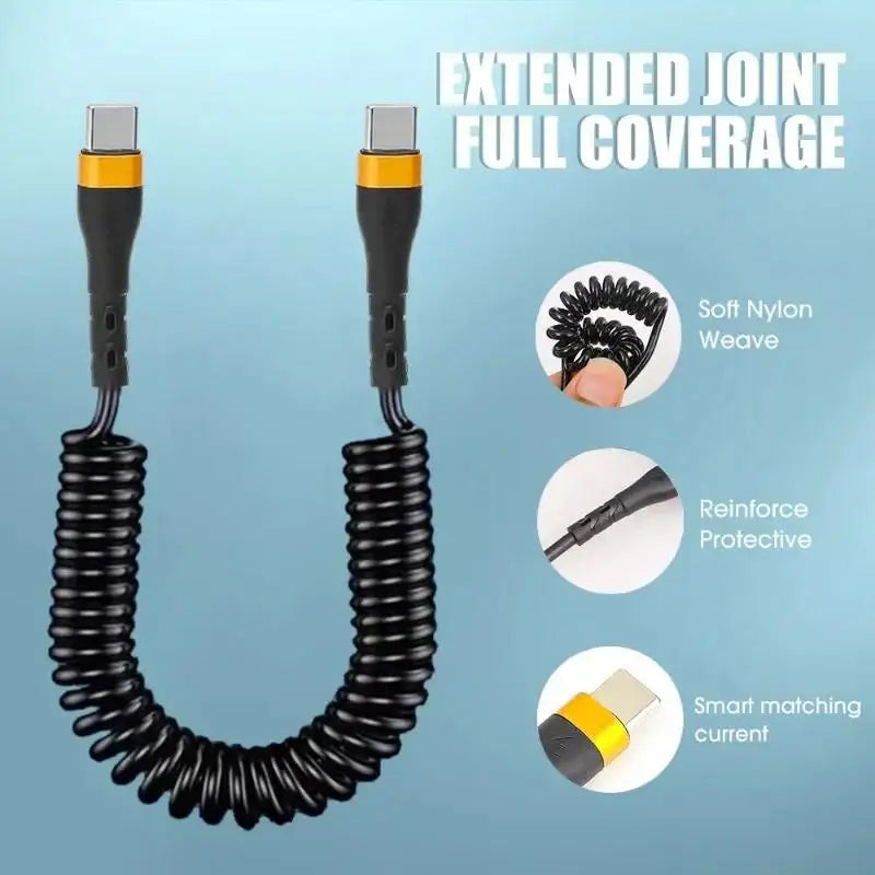 Type-C To Type-C Fast Charging Cable PD 120W 6A Spring Coiled Extendable Type C Cord Car Phone Charging Cable For iPhone Samsung ATS Car Design