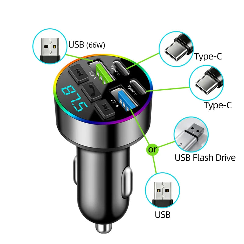 66W Car Cigarette Lighter Fast Charging Bluetooth 5.0 USB PD Type C Multiport Charger with LED Display FM Transmitter MP3 Player ATS Car Design