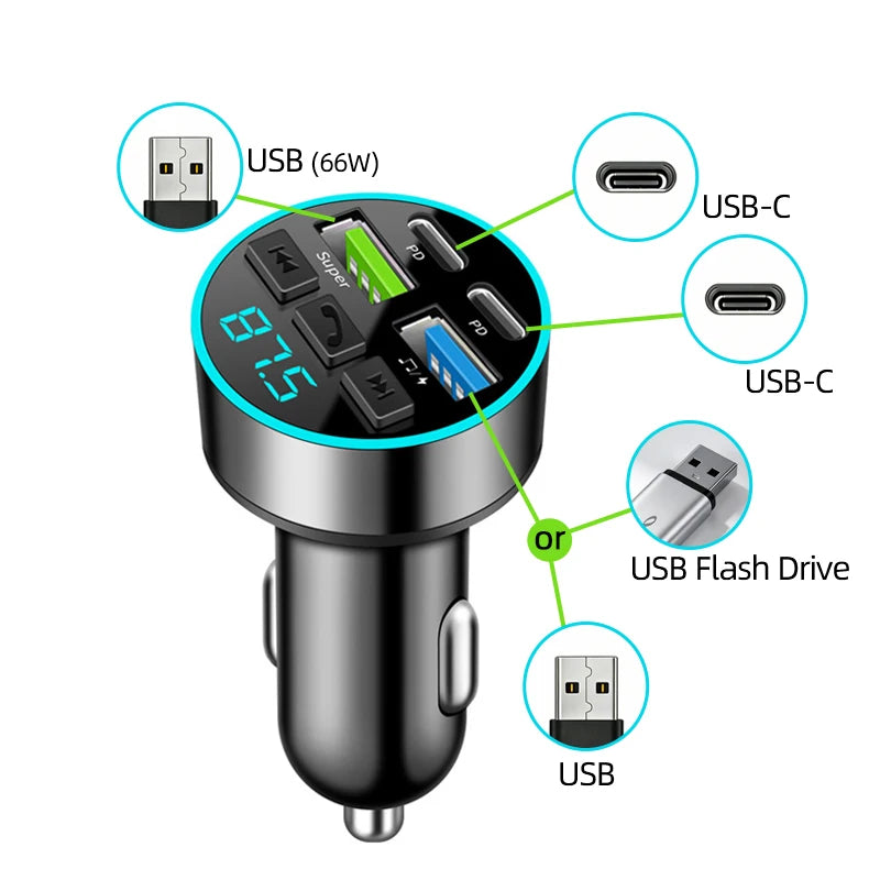 66W Car Cigarette Lighter Fast Charging Bluetooth 5.0 USB PD Type C Multiport Charger with LED Display FM Transmitter MP3 Player ATS Car Design