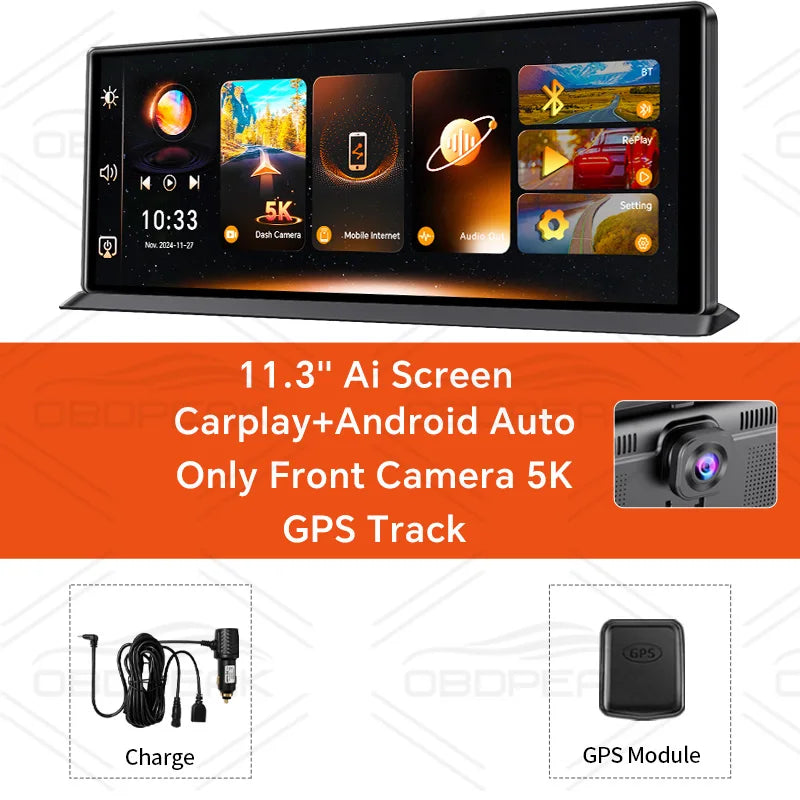 OBDPEAK K8 Pro Front 5K Rear 1080P Dash Cam Camera 11.3" Touch Ai Screen Carplay & Android Auto GPS Navigation Night Vision DVR ATS Car Design