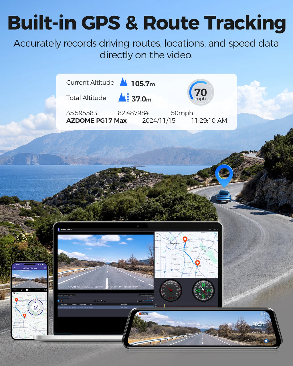 AZDOME PG17 Max 4K+2.5K Rearview Dash Cam 12'' Touch Screen Mirror Dash Cam with ADAS BSD LCA Car DVR Loop Recording 24H Parking ATS Car Design