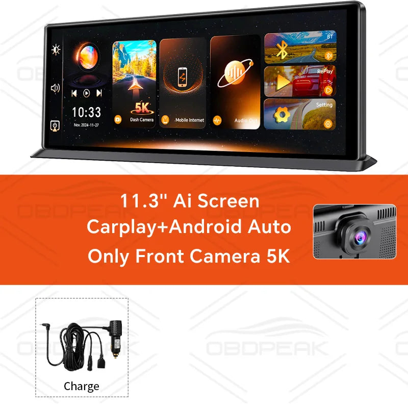 OBDPEAK K8 Pro Front 5K Rear 1080P Dash Cam Camera 11.3" Touch Ai Screen Carplay & Android Auto GPS Navigation Night Vision DVR ATS Car Design