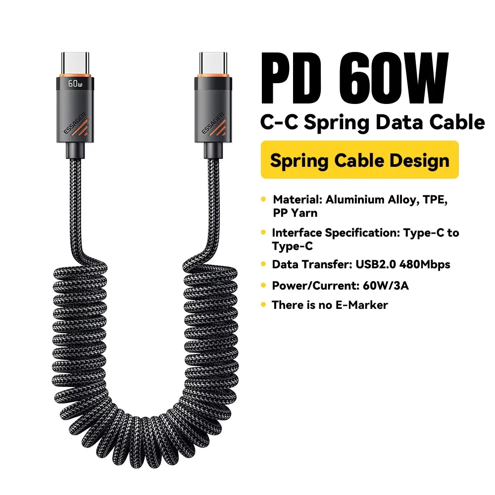 Essager Car Spring Type C Cable  For iPhone 16 15 Xiaomi Samsung 100W PD Fast Charging For Macbook iPad Type C to Type C Cable ATS Car Design
