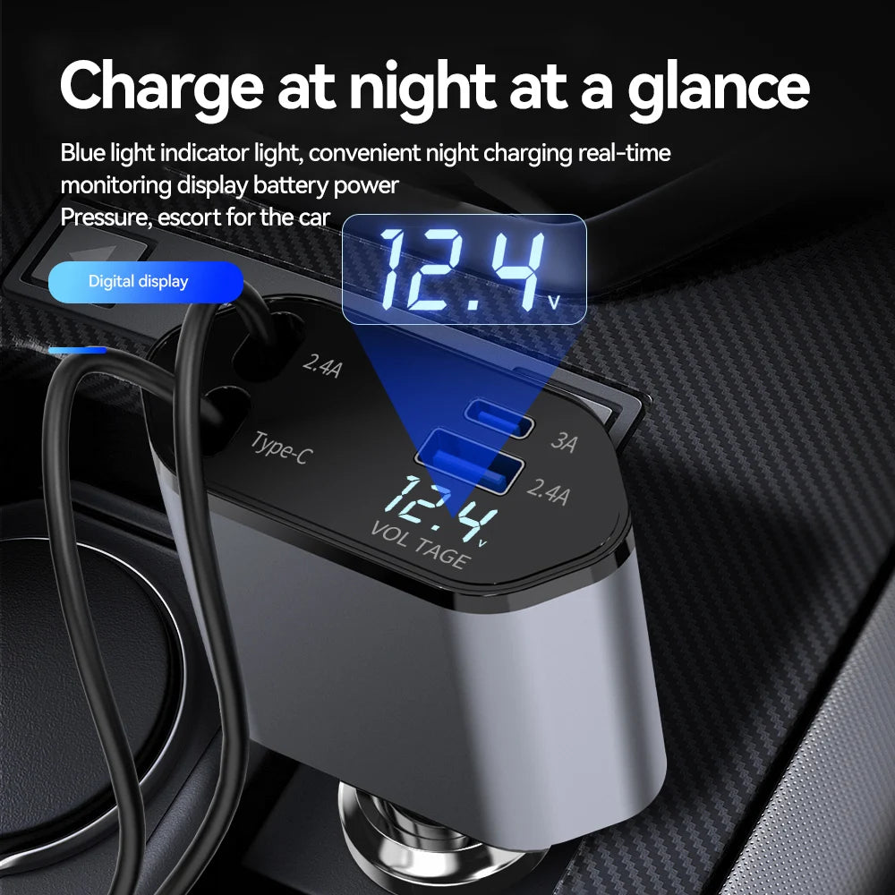 Retractable Car Charger 4 in 1 Fast Charging Car Charger 120W Dual Type-C Retractable Cable and 2 USB Ports Car Charger Adapter ATS Car Design