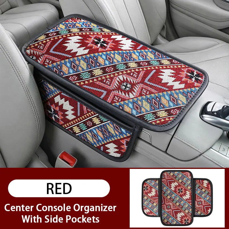 1PC Double pocket ethnic style patterned car center console armrest pad, breathable and non slip, car interior accessories ATS Car Design