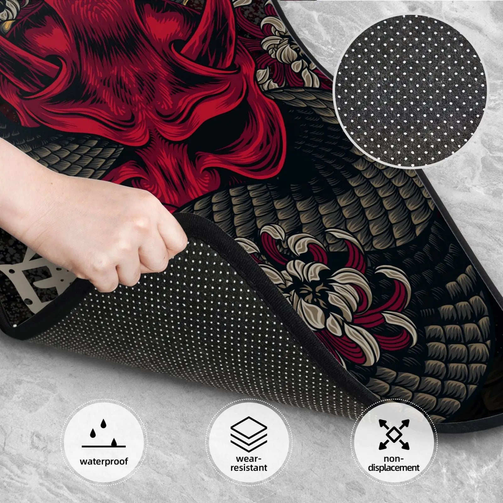 JAPANESE ART ONI MASK Snake Car Floor Mat 4-piece Set Suitable for All Car Floor Mat Accessories Crystal Velvet Floor Mats ATS Car Design