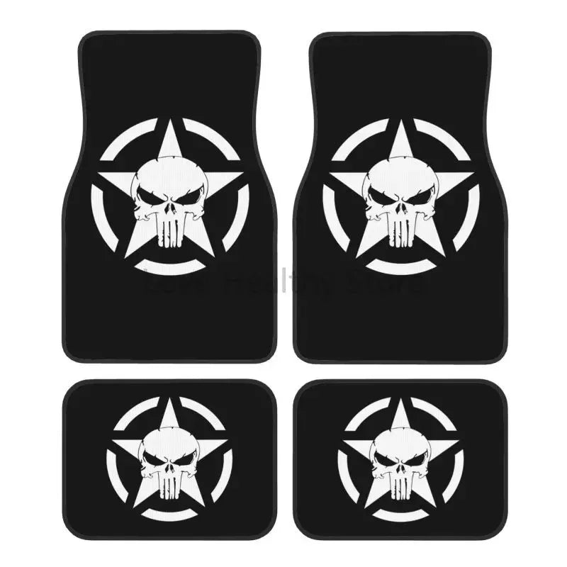 Military Tactical Skull Star Car Floor Mats Set of 4 Front and Rear Foot Mats Universal Car Accessories Decor for Van Sedan SUV ATS Car Design