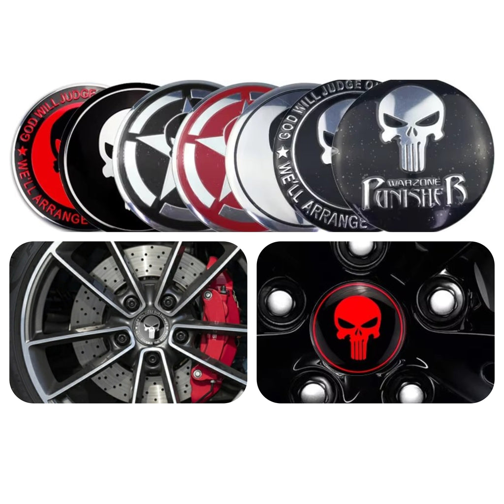 Punisher Style Wheel Center Cap Stickers – 3D Hub Cap Emblem Set