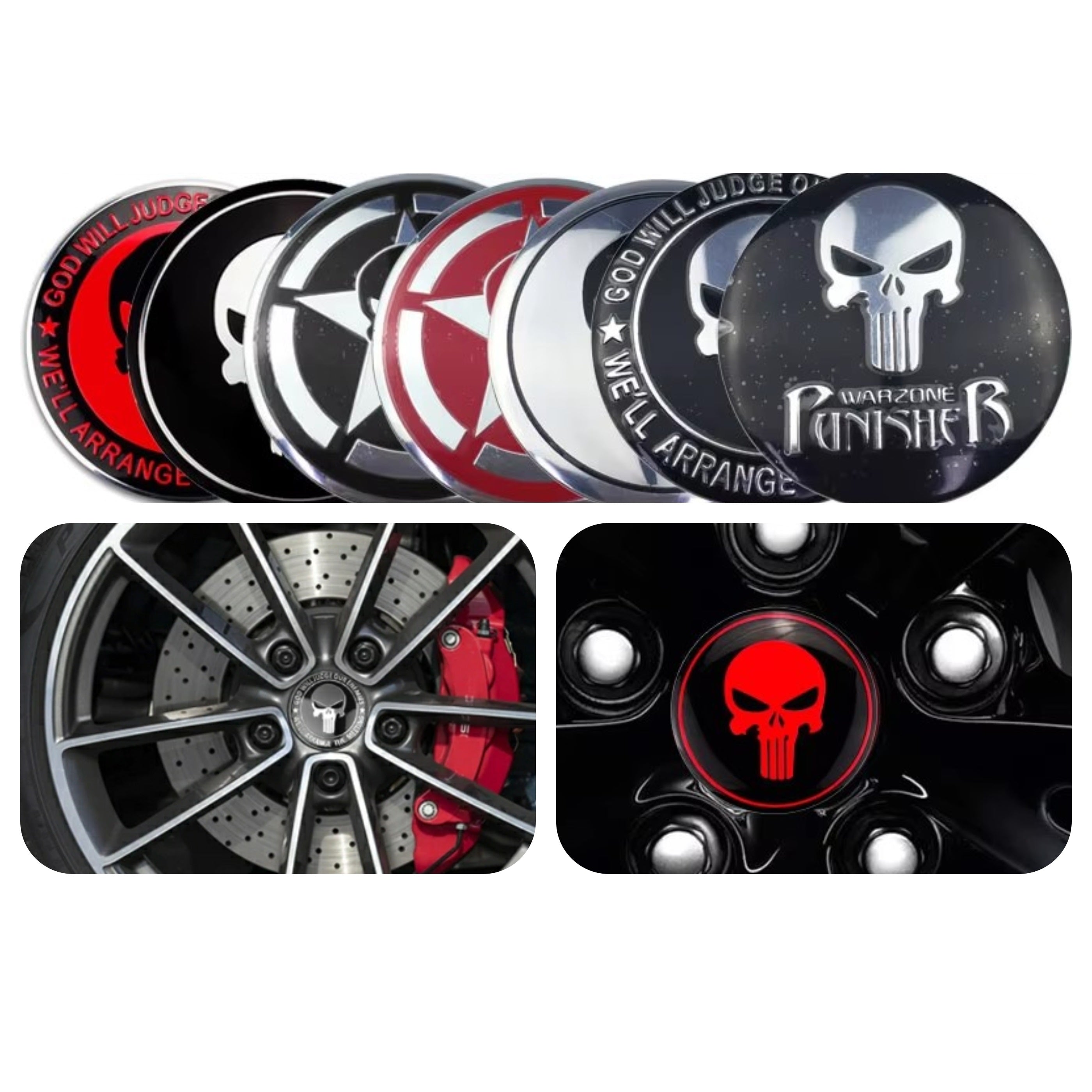 Punisher Style Wheel Center Cap Stickers – 3D Hub Cap Emblem Set
