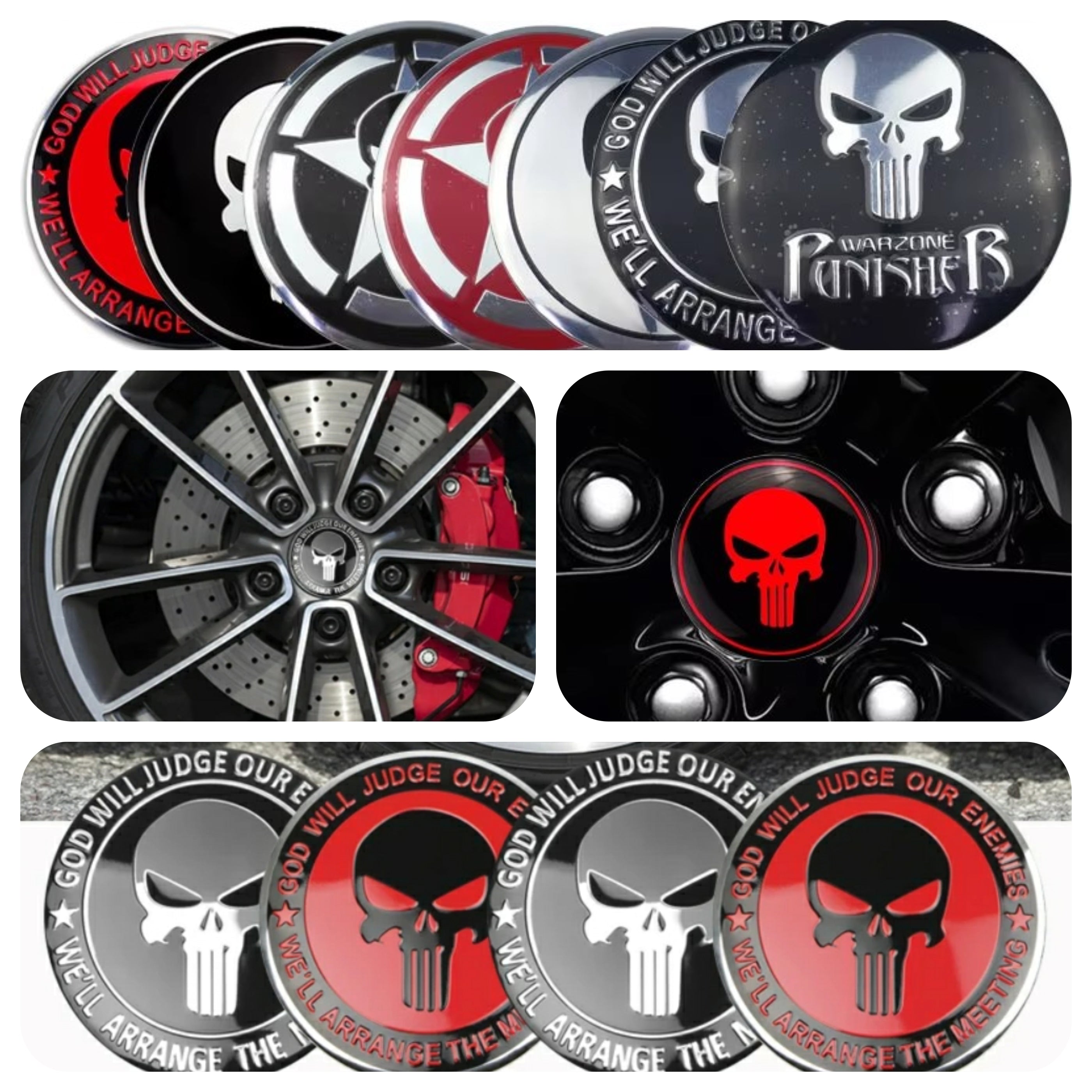 Punisher Style Wheel Center Cap Stickers – 3D Hub Cap Emblem Set